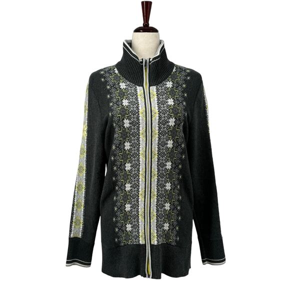 Eddie Bauer Mock Neck Fair Isle Full Zip Sweater Jacket L Cardigan Snowflakes - Picture 1 of 12